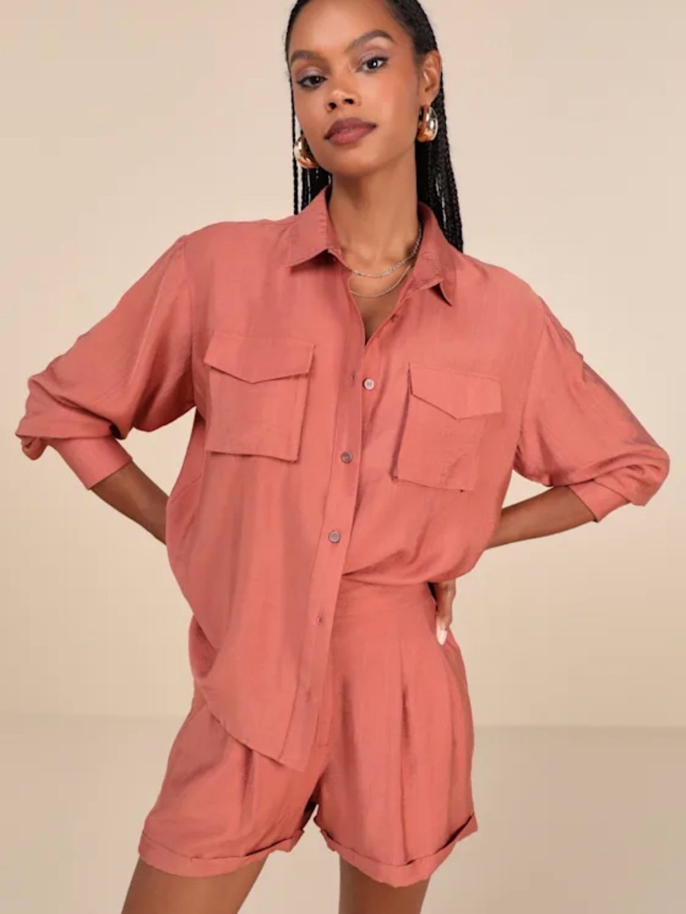 NWOT Lulu’s Effortlessly Curated Women's Shirt and Shorts Set in Terracotta
